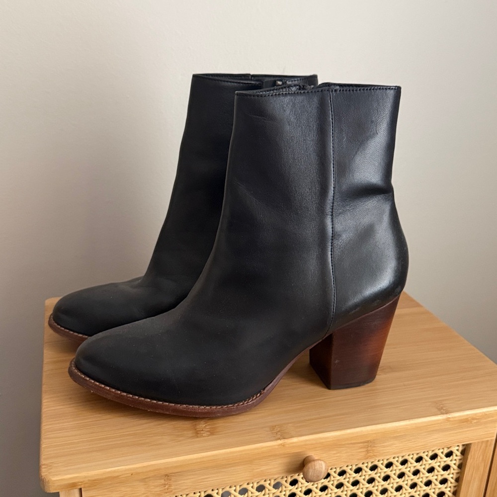 Thursday Boot Company Black Leather Ankle Boots with Brown Heel